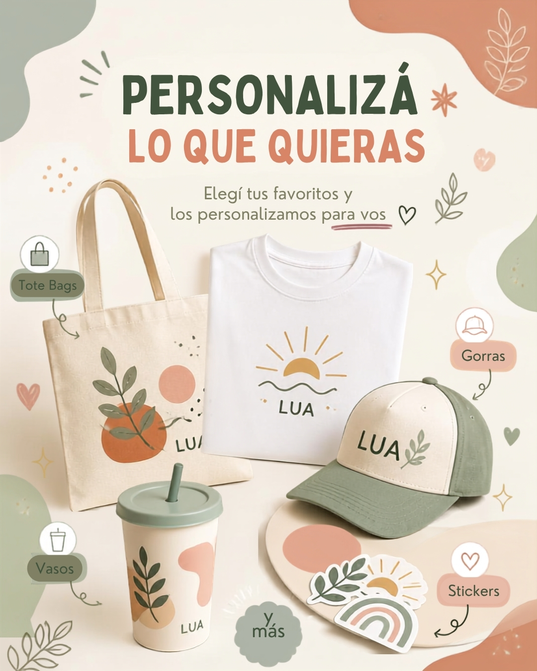 Muestra de personalización LUA en tote bags, gorros y vasos